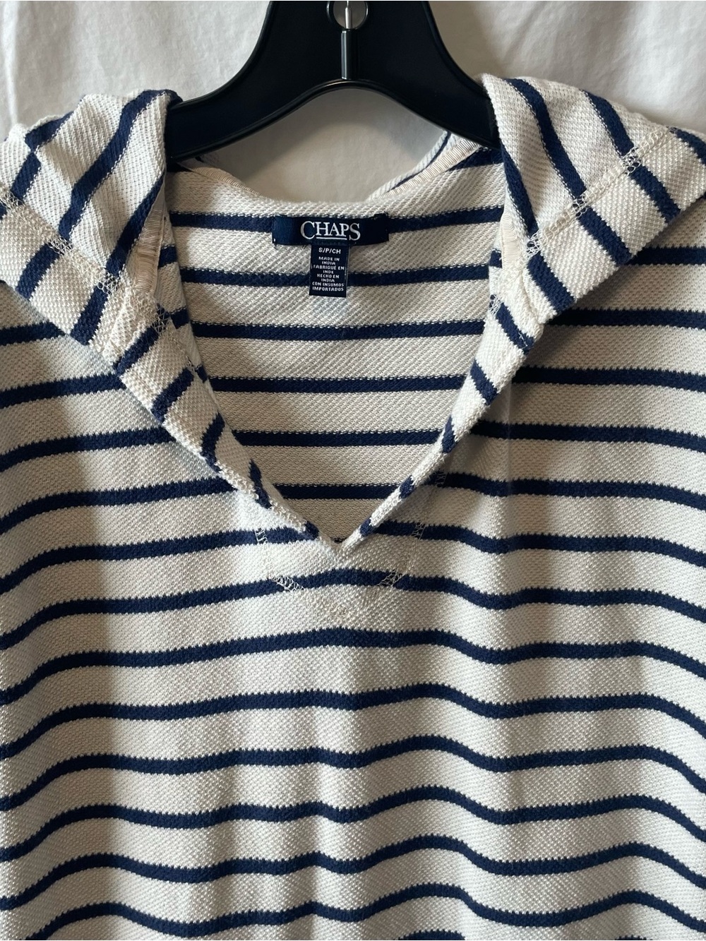 Chaps Striped Hooded Knit Top - Navy & Cream